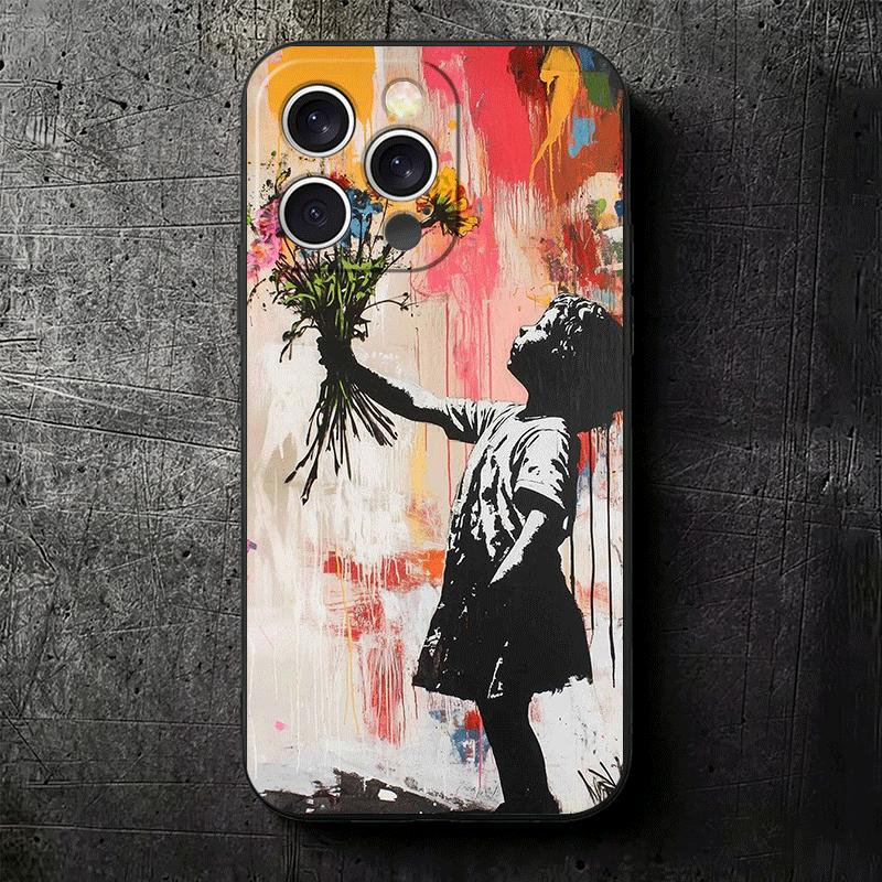 B-Banksy Art Graffiti Artist Soft Phone Case for iPhone 16 16E 17 Air 15 Pro Max 14 Plus 13 Mini 11 12 7 Black Cover Back Shell