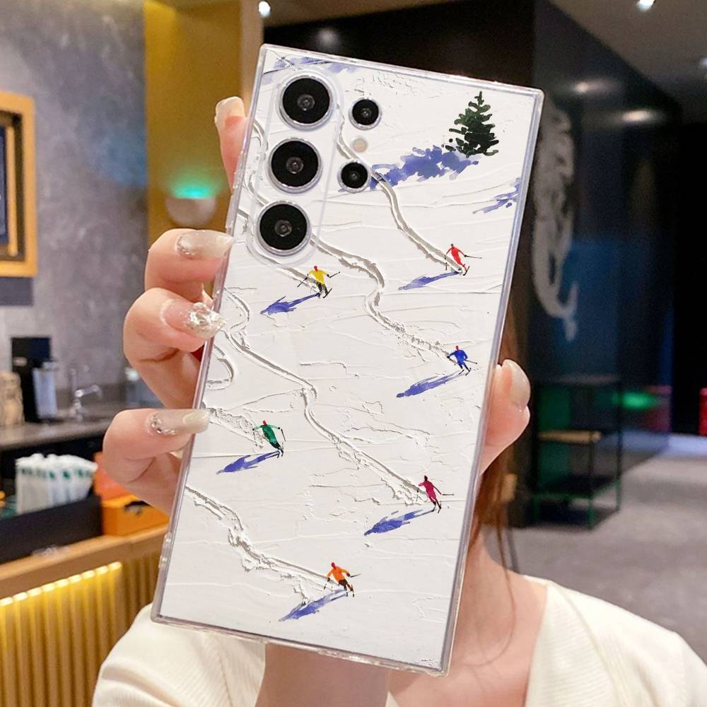 Skiing sports art oil painting style Phone Case For SamsungS25,24,23,22,21,30,Ultra,20,Plus,Lite,Soft Silicone Transparent Cover