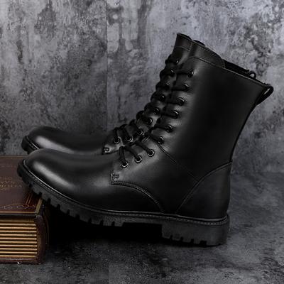 Μόδα Χειμώνας Ψηλοτάκουνα Ανδρικές Μπότες Casual Μόδα Punk Μοτοσικλετιστικές Μπότες Δέσιμο με Κορδόνια Δερμάτινες Ψηλές Μαύρες Μπότες Μοτοσικλετιστή Μονόχρωμες Μπότες Τάση Ανδρικά Παπούτσια
