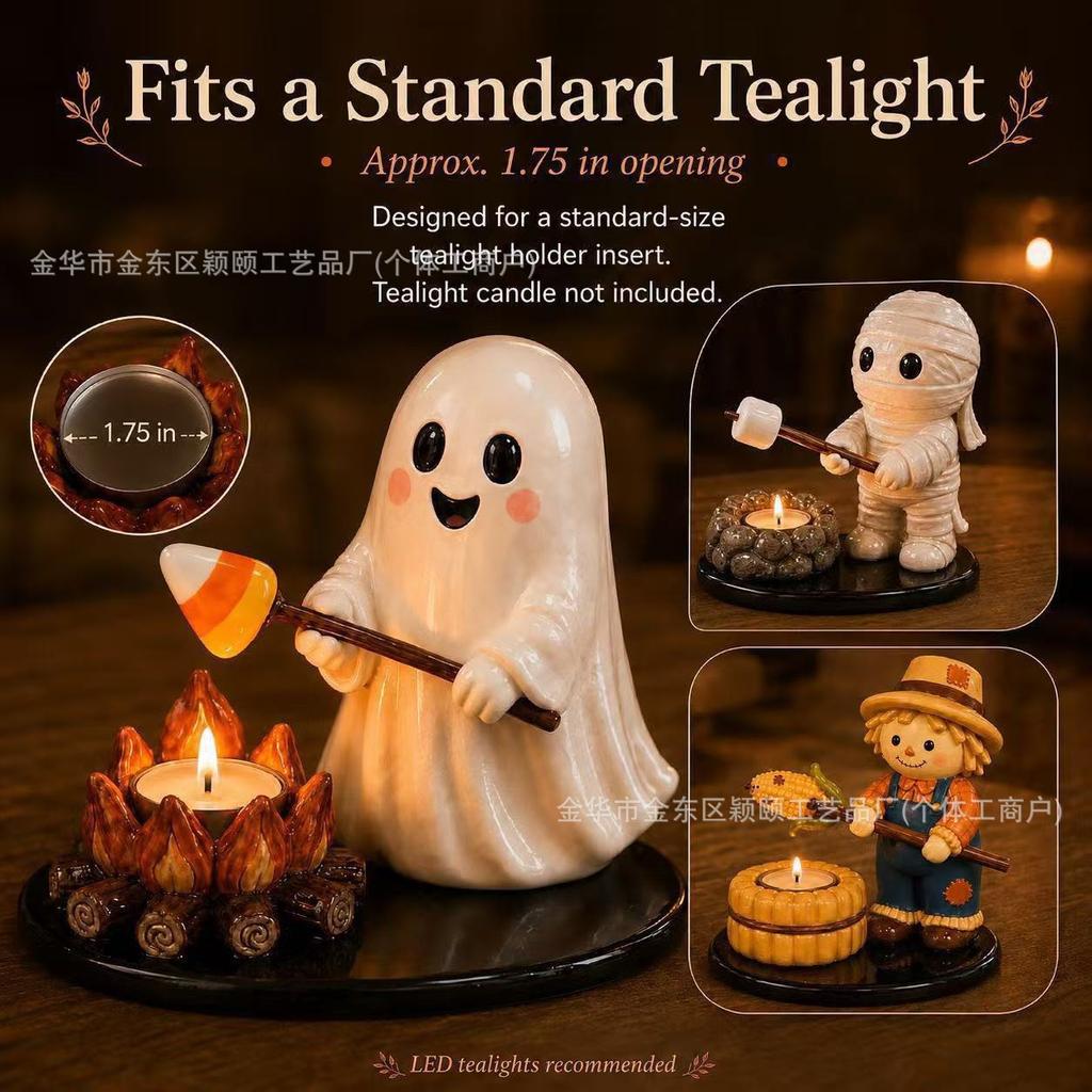 Halloween Ghost Campfire Tealight Holder Set, LED Flickering Flame, Waterproof Outdoor Decor for Patio Party, Safe To Touch
