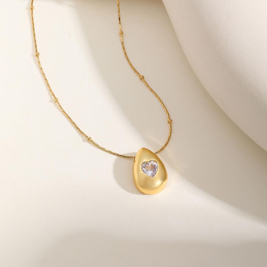 Elegant Heart-shaped Zircon Water Drop Necklace for Women,Stainless Steel Hammer Round Bead Chain Necklaces,Fashion Jewelry Gift