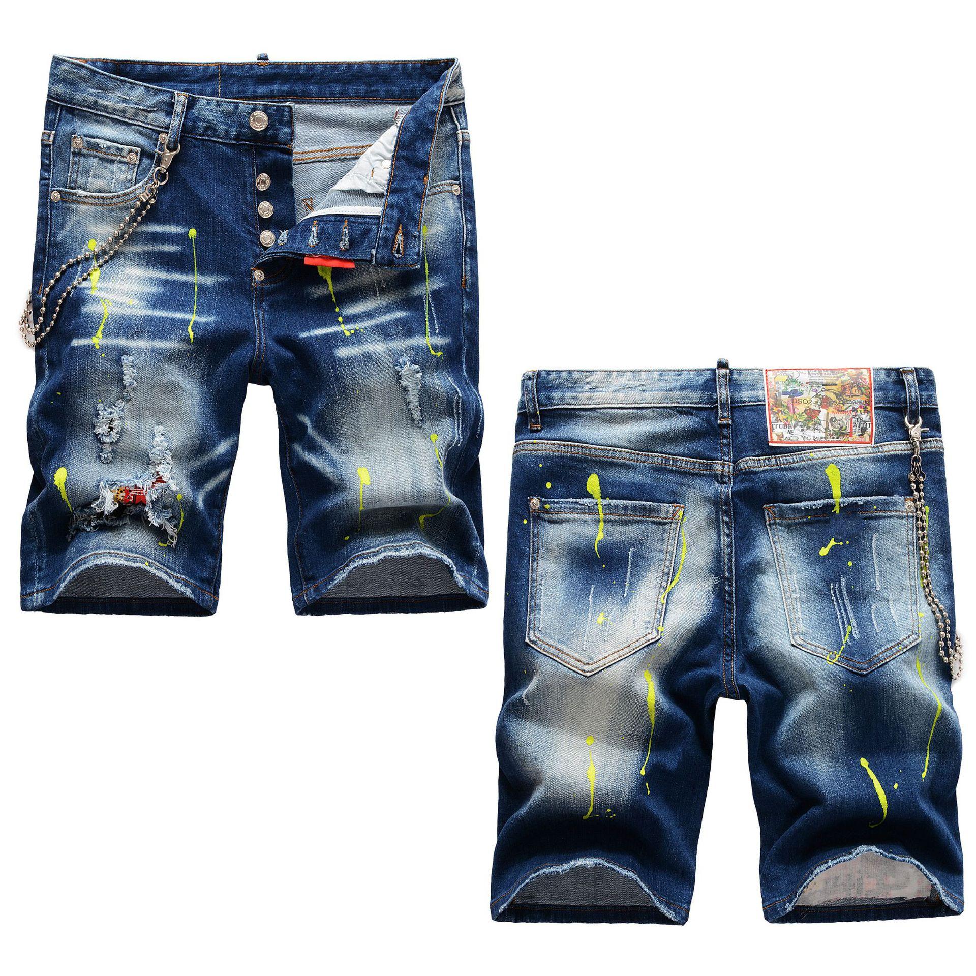 

European American And Italian Fashion Brands Five Quarter Shorts With Paint Punctures Holes Adhesive Fabric Zipper Decoration Elastic Jeans For Men 42(58) синій