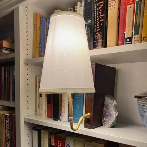 Classic Literary Lamp - Vintage Antique Brass Shelf Lamp With Fabric Shade - Elegant Decorative Table Lamp For Bookshelf Home Display - Scholarly