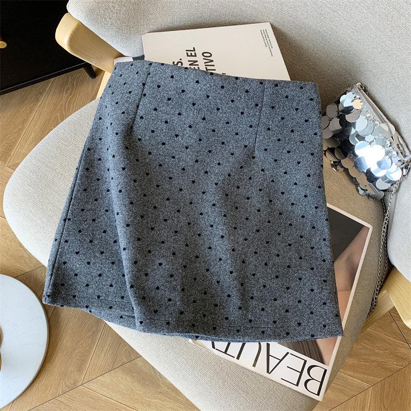 Woolen Retro Heart Polka Dot High-Waist Slim Skirt - 2025 Autumn/Winter Korean Style