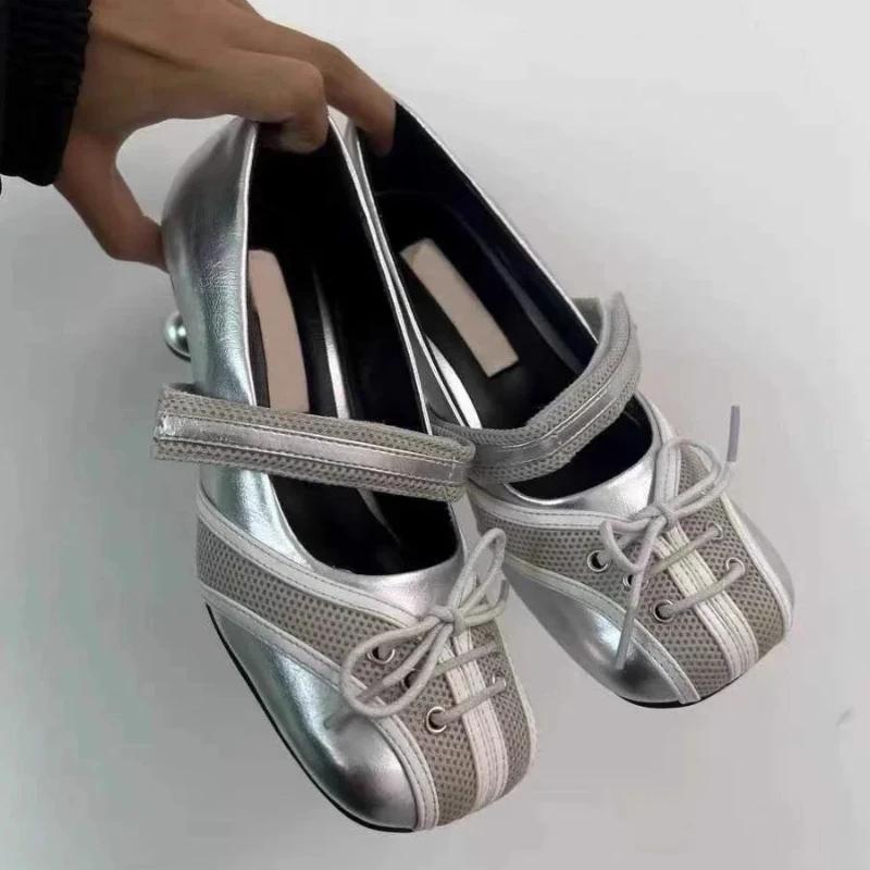 Fashion Designer Luxury High Heeled Ballet Shoes Woman Casual Loafers Square Toe Strange Style Cross Strap Shallow Silver Mary Jane Shoe