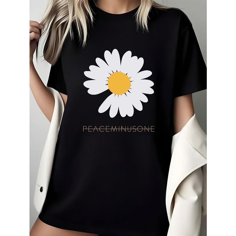 

Simple Daisies Print T-shirt Loose black short-sleeved, stylish and versatile, suitable for daily casual wear. S чёрный