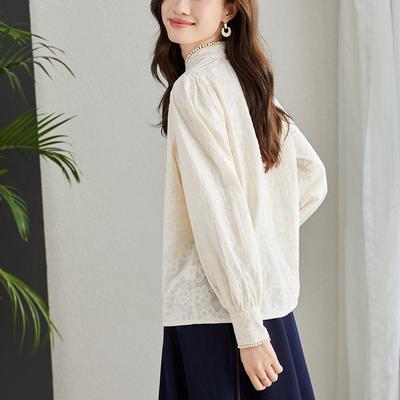 Chemise Abricot Robe de Printemps à Manches Longues pour Femme Haut Brodé à Col Rond Chemise Tempérament en Pur Coton