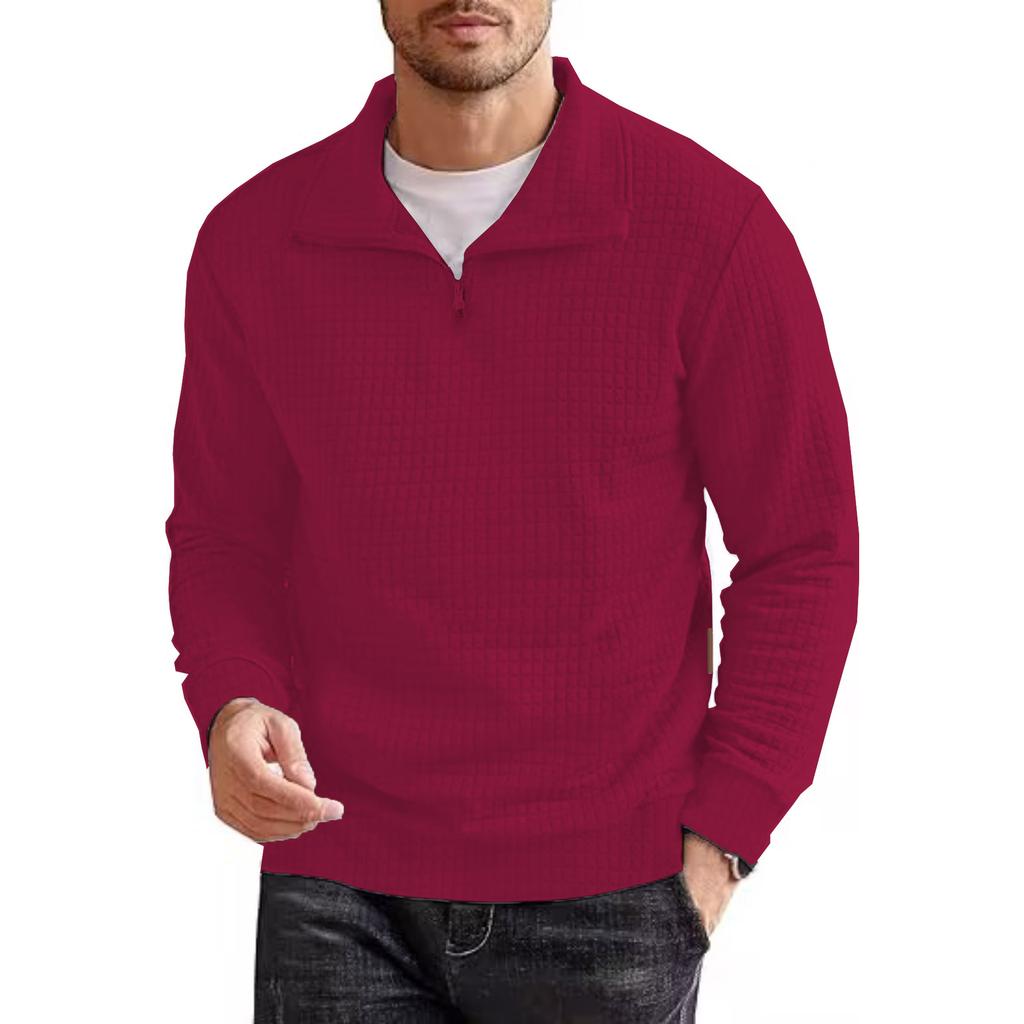 Large Size Men's Spring and Autumn Top Plaid Zipper Sweatshirt Solid Stand Collar Pullover
