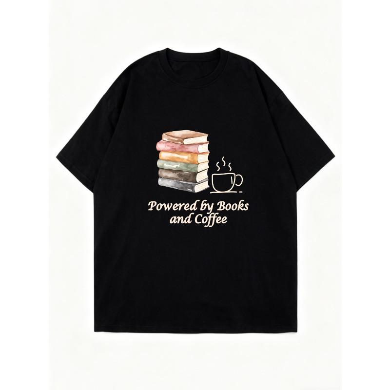 Oversized T Shirt Black Books And Coffee Print For Reading And Coffee Lovers Casual Wear