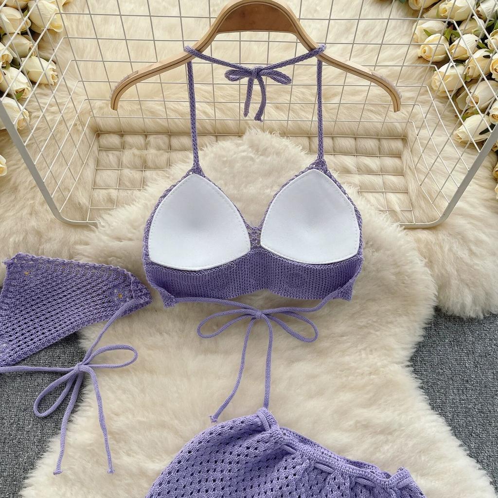 Korean Hollow Out Knitted Suits Women Halter Lace Up Bow Backless Tank Top+Drawstring Split Mini Skirt Two Pieces Sets