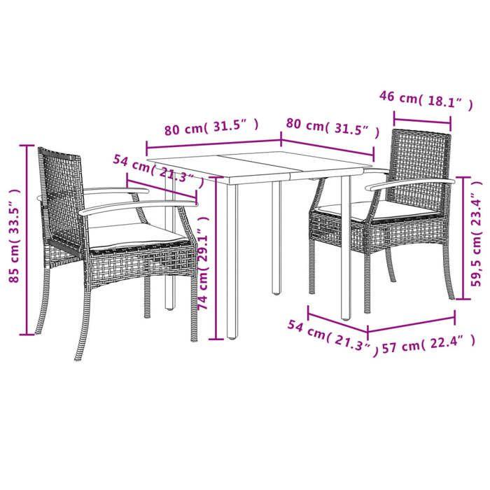 VidaXL Ensemble à Manger de Jardin avec Coussins 3 pcs, Table et Chaise de Terrasse, Meubles de Patio, Mobilier d'Extérieur, 3213603
