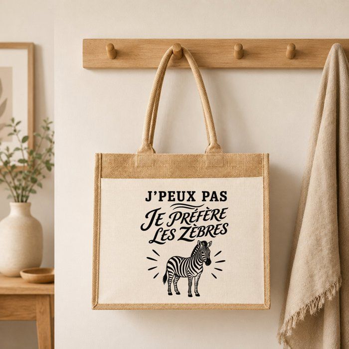 Sac cabas jute - PLANETEE - J'peux pas minimaliste - toile jute et coton - illustration noire - 43×33×21 cm (21 L)