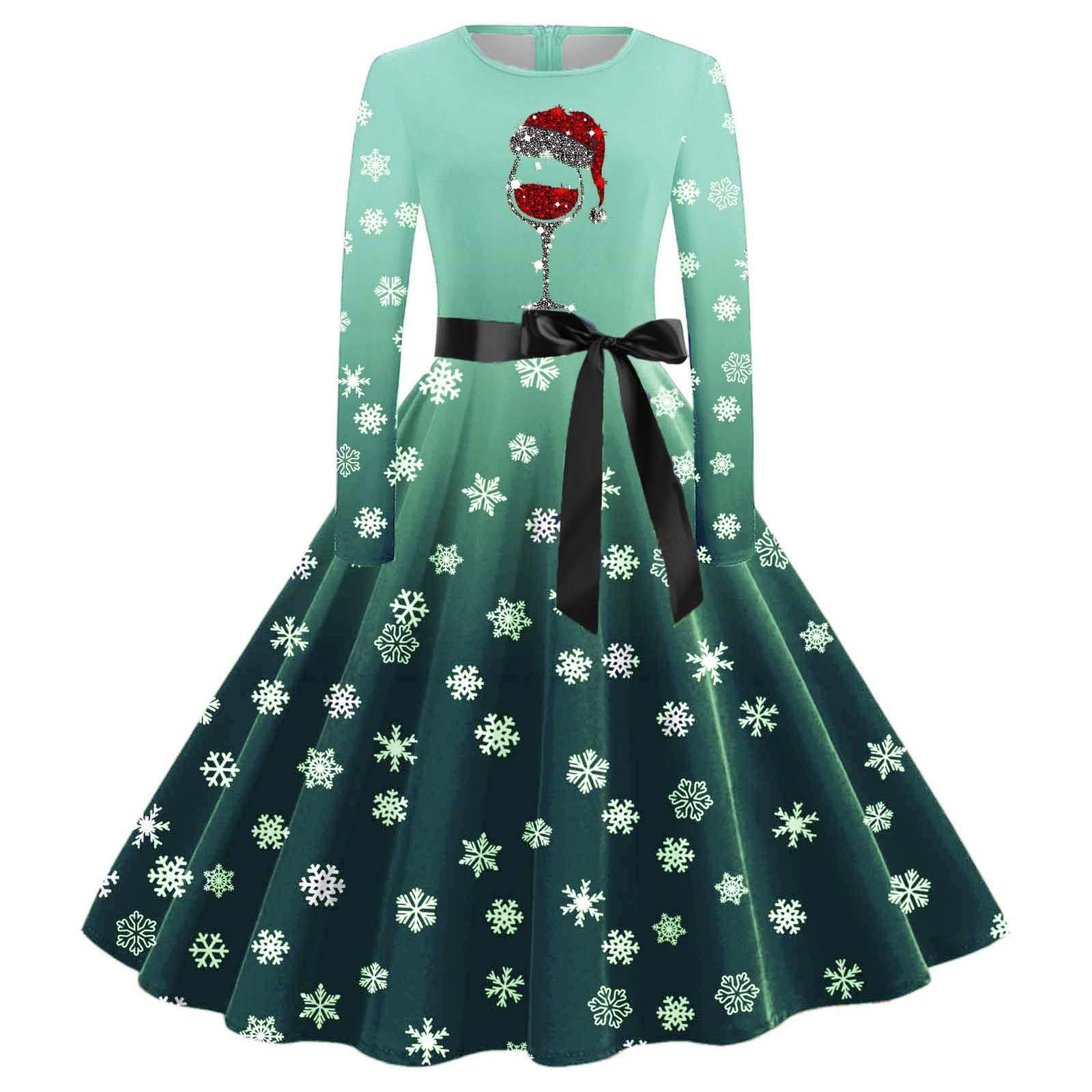 

Женские повседневные модные длинные платья с рождественским графическим принтом и длинными рукавами в винтажном стиле L зелёный