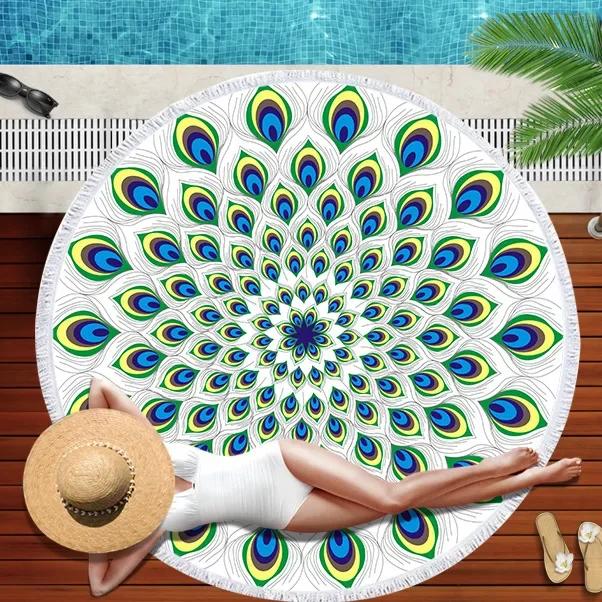 Printed Colorful Feather Beach Towel Round Microfiber Beach Towel For Living Room Home Decor Boho Tassel Bath Towels Summer