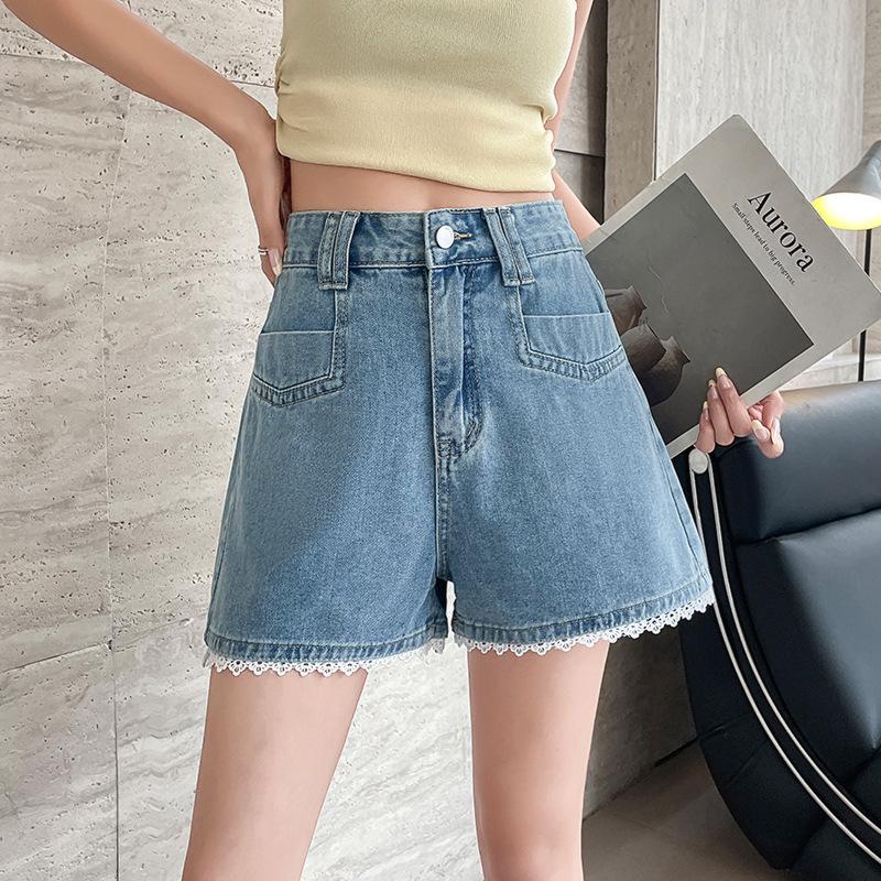 Blaue Jeans-Shorts mit hoher Taille und weitem Bein mit Spitze - Damen Übergröße Sommer Lässig