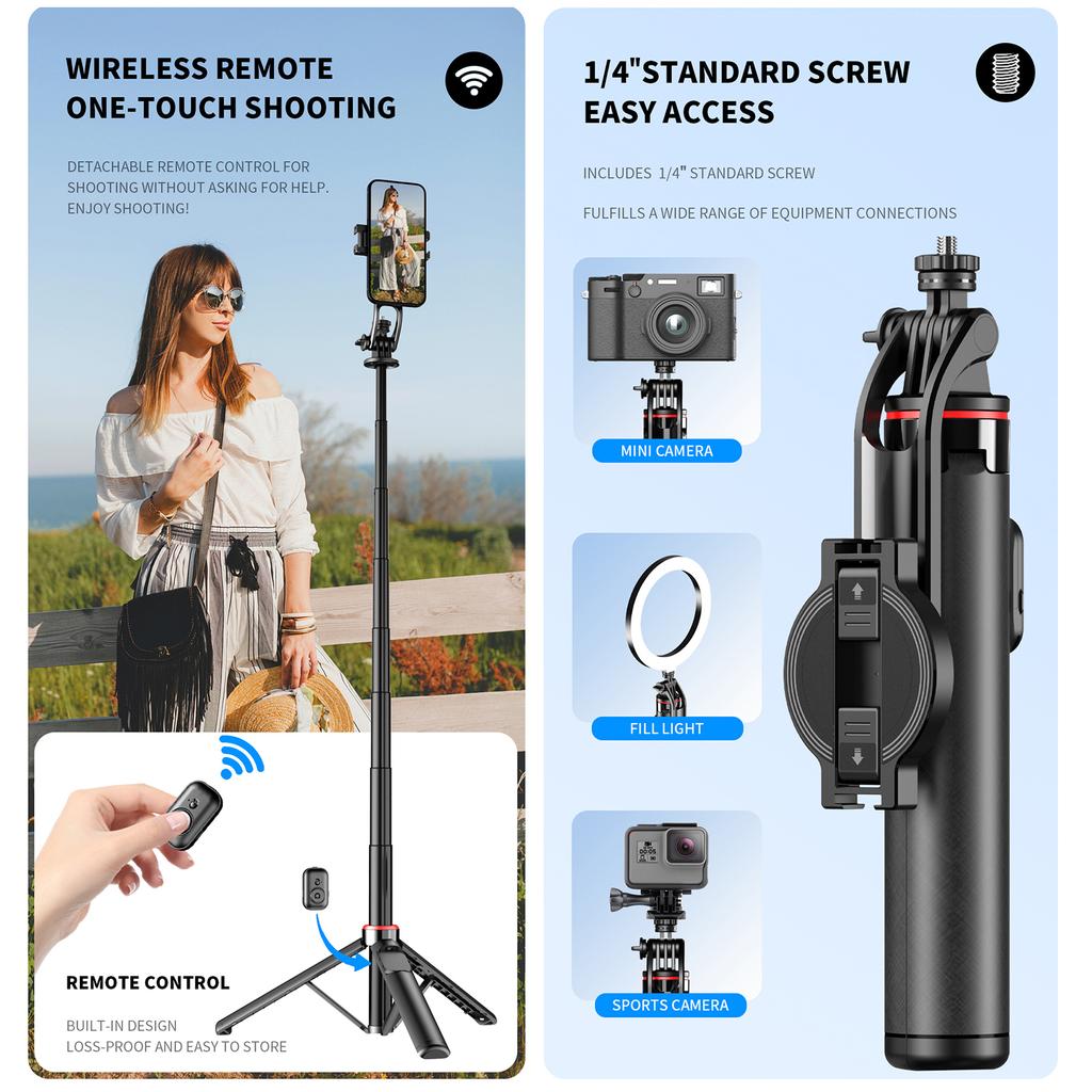 Extendable Selfie Stick Tripod for Phone Max. Length 130cm with Detachable Magnetic Phone Clip Remot