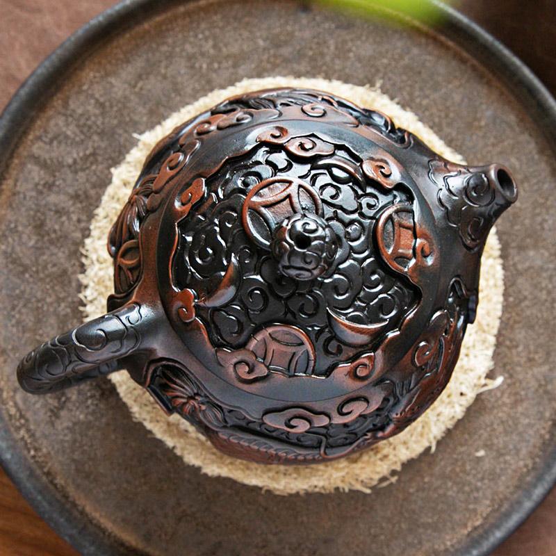 Lila Keramik Vintage Handgemacht Teekanne Keramik Geschnitzt Kung Fu Teekanne Einzelne Teekanne Pu'er Tee Zubereitung Teesets Chinesische Teekanne