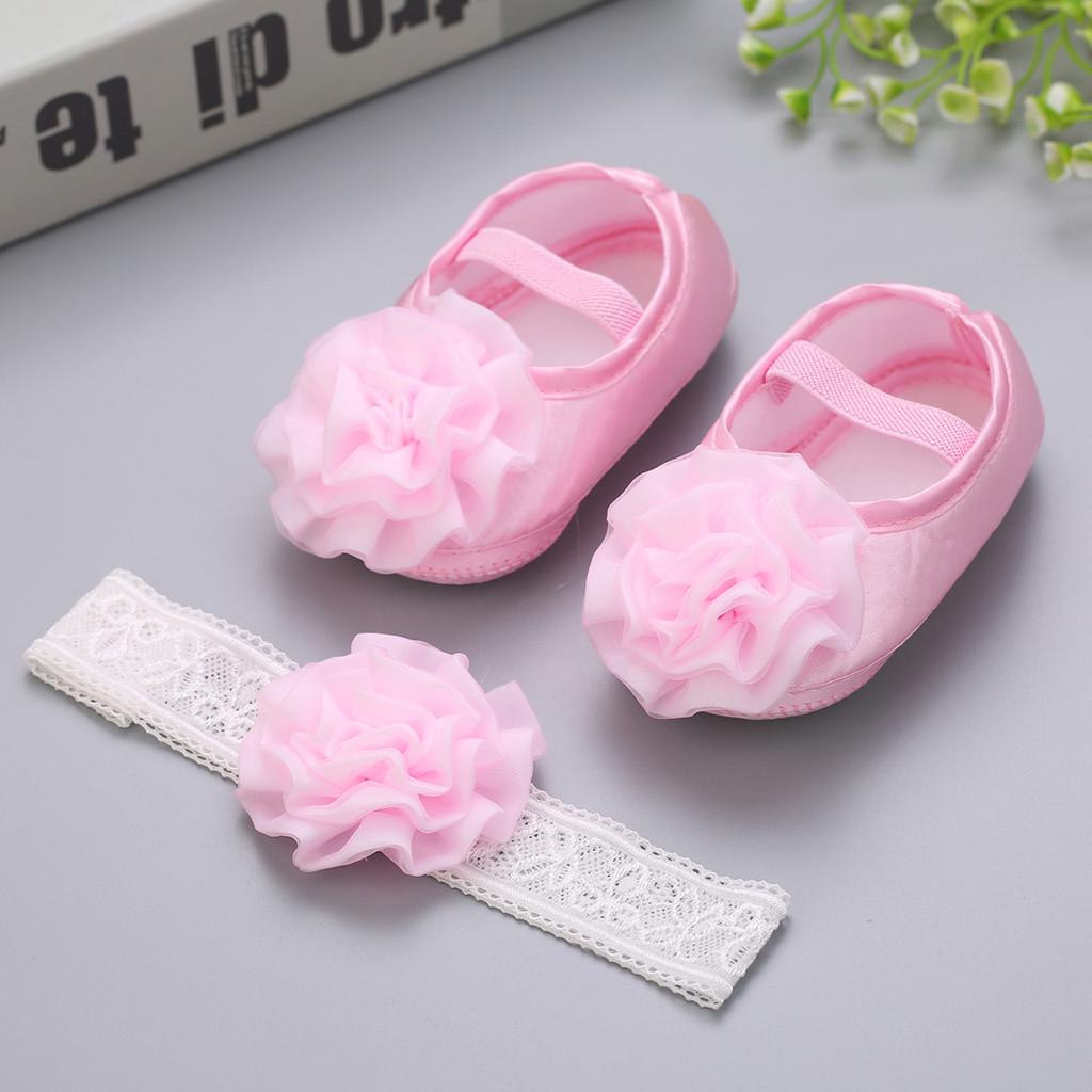 Newborn Baby Girls 1PC Hair Belt + Flowers Applique Soft Sole Single Shoes