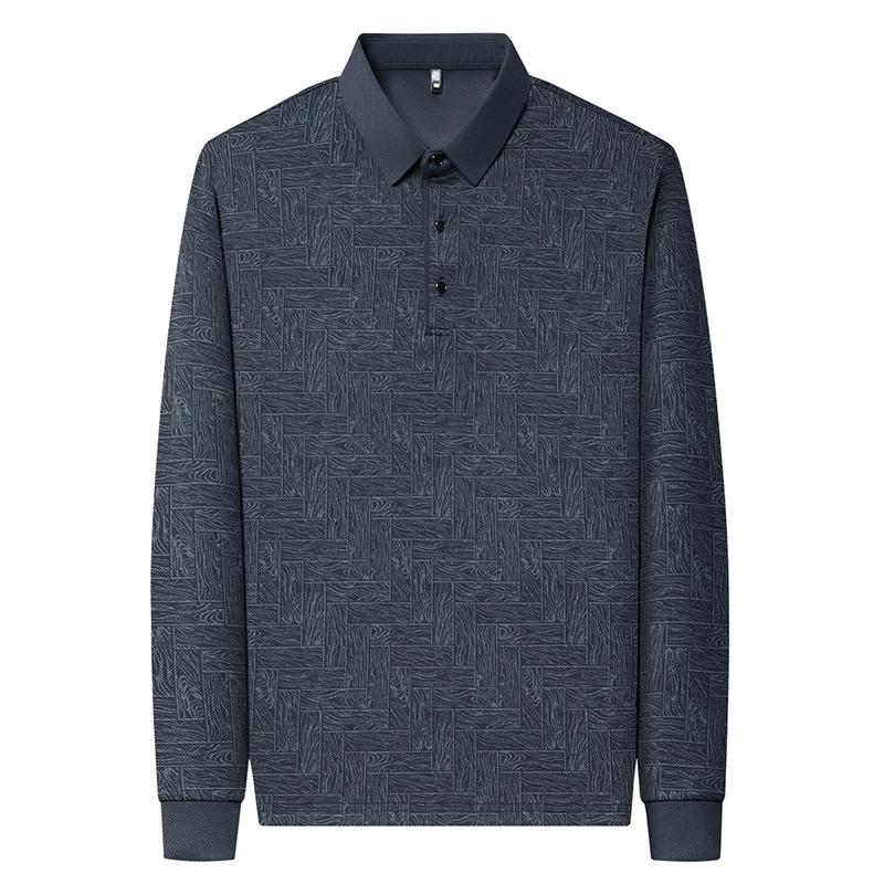 Spring Autumn Polo Shirts Men Business Casual Elastic Polos Solid Color Print Long Sleeve Tees