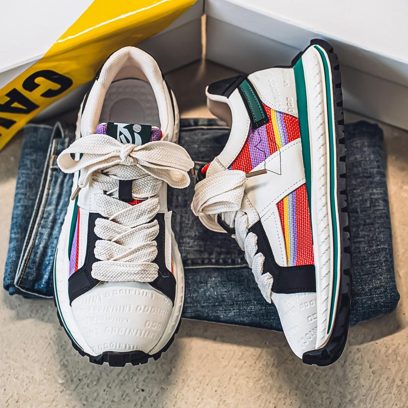 

2025 Four Seasons Niche Denim Splicing Leather Breathable Board Shoes Retro Hong Kong Style Tide Men s Douyin Live Board Shoes 39