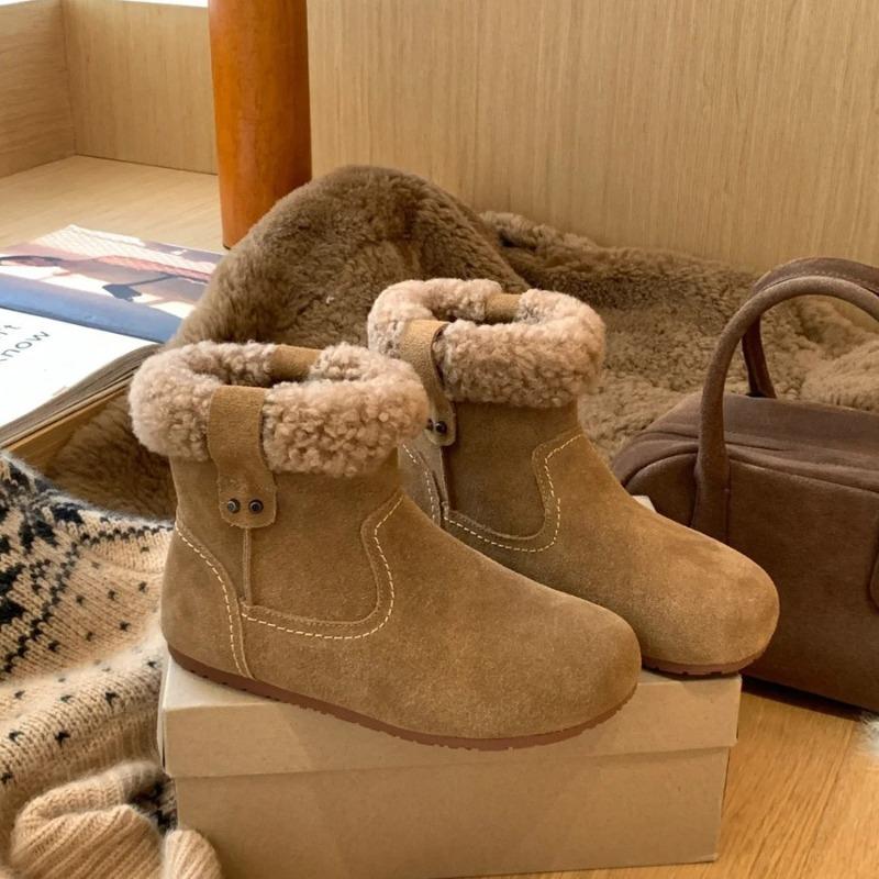 Cowhide version~ plush boots women's round head retro plush short boots flat cotton shoes warm plush snow boots