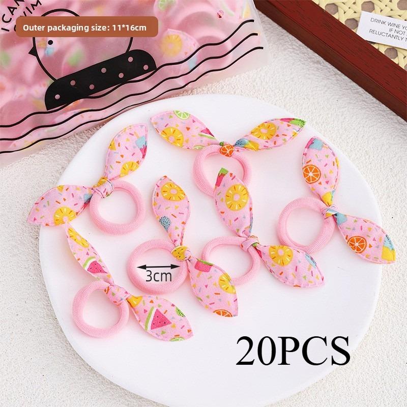 20PCS.Korean-style Fashion Fabric Hair Ties: Cute Rabbit Ear Hair Accessories with Polka Dots, Stripes & Floral Patterns,Perfect