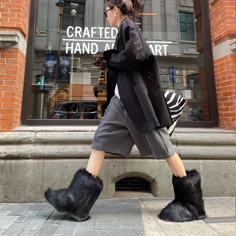 2026 Women Winter Faux Fur Boots Woman Fluffy Plush Warm Snow Boots Luxury Footwear Girls Furry Fur Bottes Fashion Winter Shoe