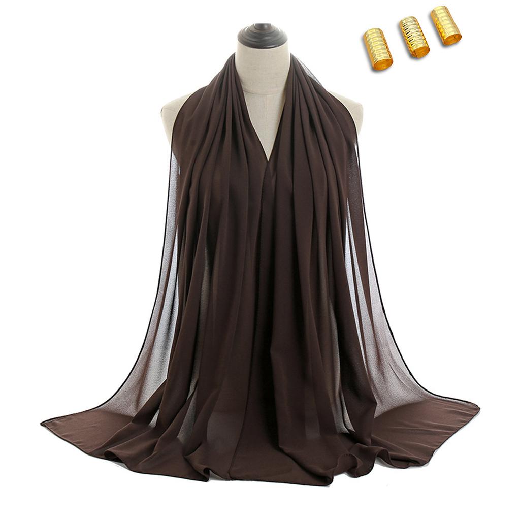 Solid Chiffon Hijab With Scarf Buckle Set Muslim Woman Hijabs Shawls Soft Islimic Turban Headband And Metal Hollow Buckle Set