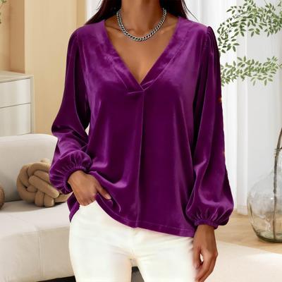 Women Tops V Neck Lantern Long Sleeve Solid Color Casual Tops Loose