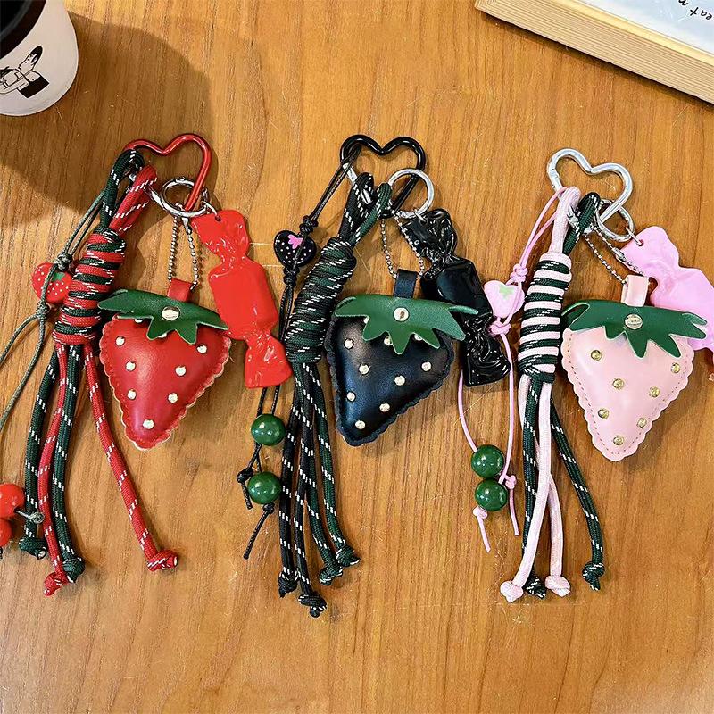 Creative cute sweet leather strawberry candy bow girl bag pendant schoolbag decorative lanyard keychain
