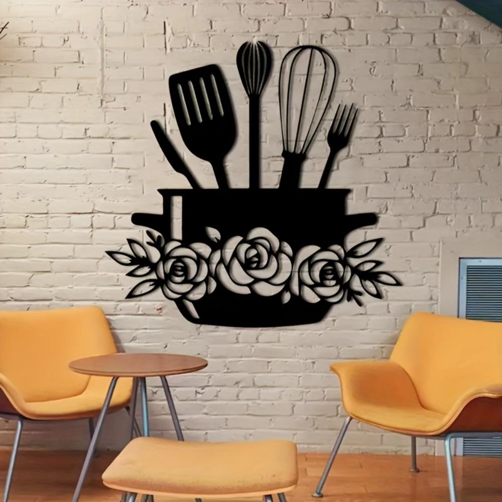 Metal Wall Art Kitchen Decor Black Iron Floral Utensils Durable Easy Install