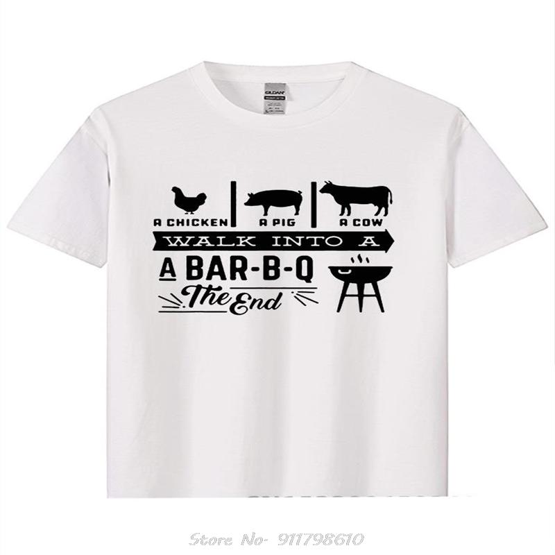 A Chicken Pig Cow Walk Into Barbecue BBQ Funny T Shirts Men Summer Cotton Harajuku Short Sleeve O Neck Streetwear Black T-shirt