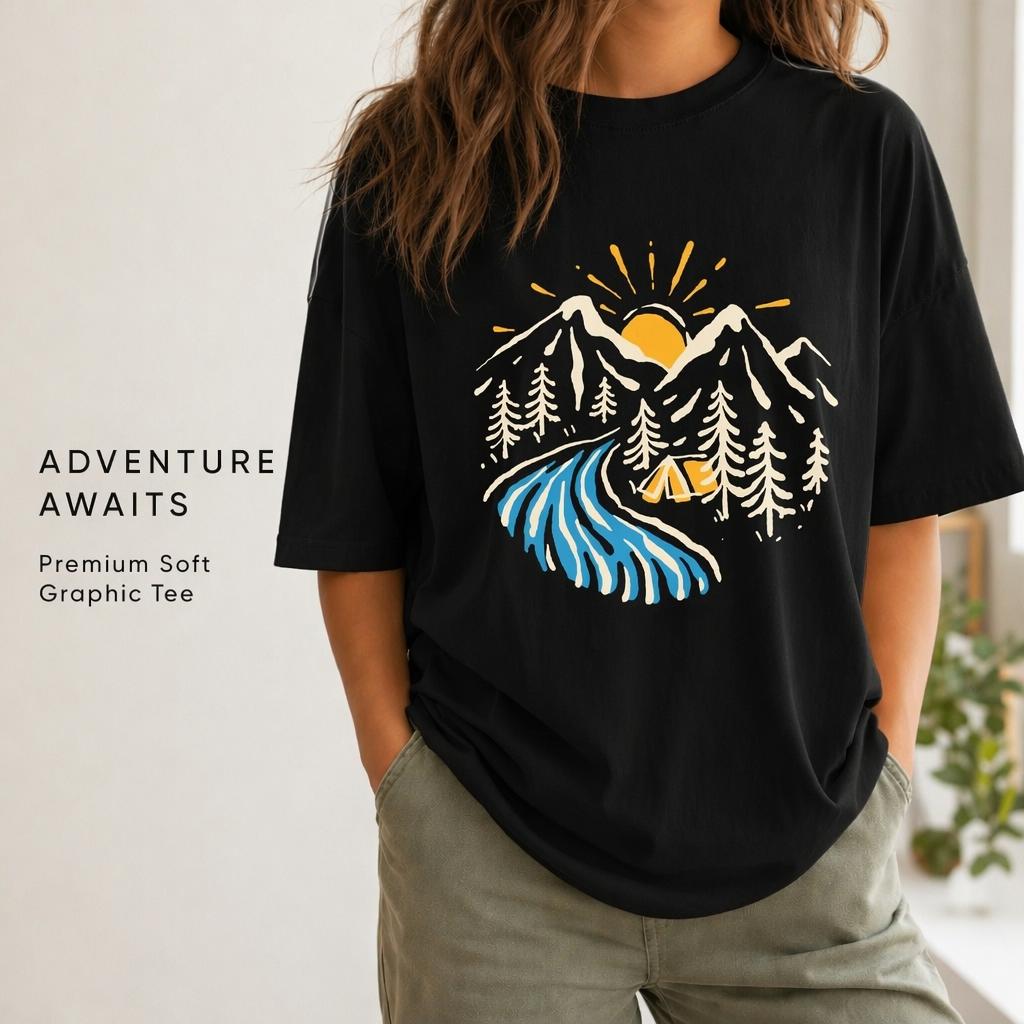 WoUnisexs Mountain Camping Graphic T Shirt 100 Cotton Oversized Crew Neck Short Sleeve Outdoor Adventure Tee