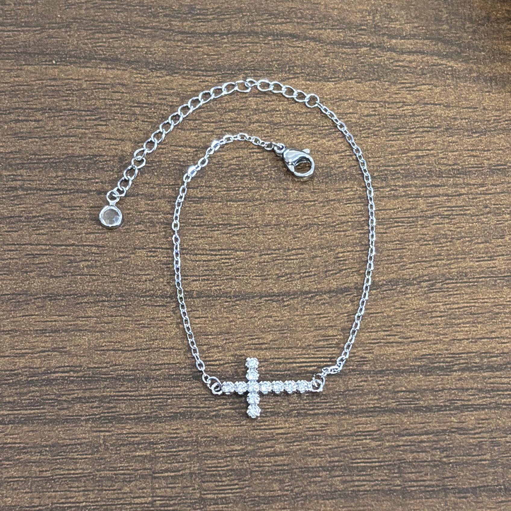 18K Gold Cross Bracelet with Stainless Steel and Zirconium Inlaid Copper Chain Stainless Steel with Real Gold Plating серебряный