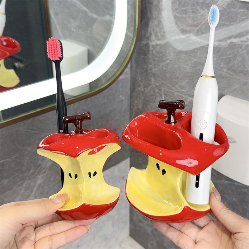 Red Apple Core Electric Toothbrush Holder | 3 Holes & Toothpaste Storage Elevate your bathroom organization with a touch of play