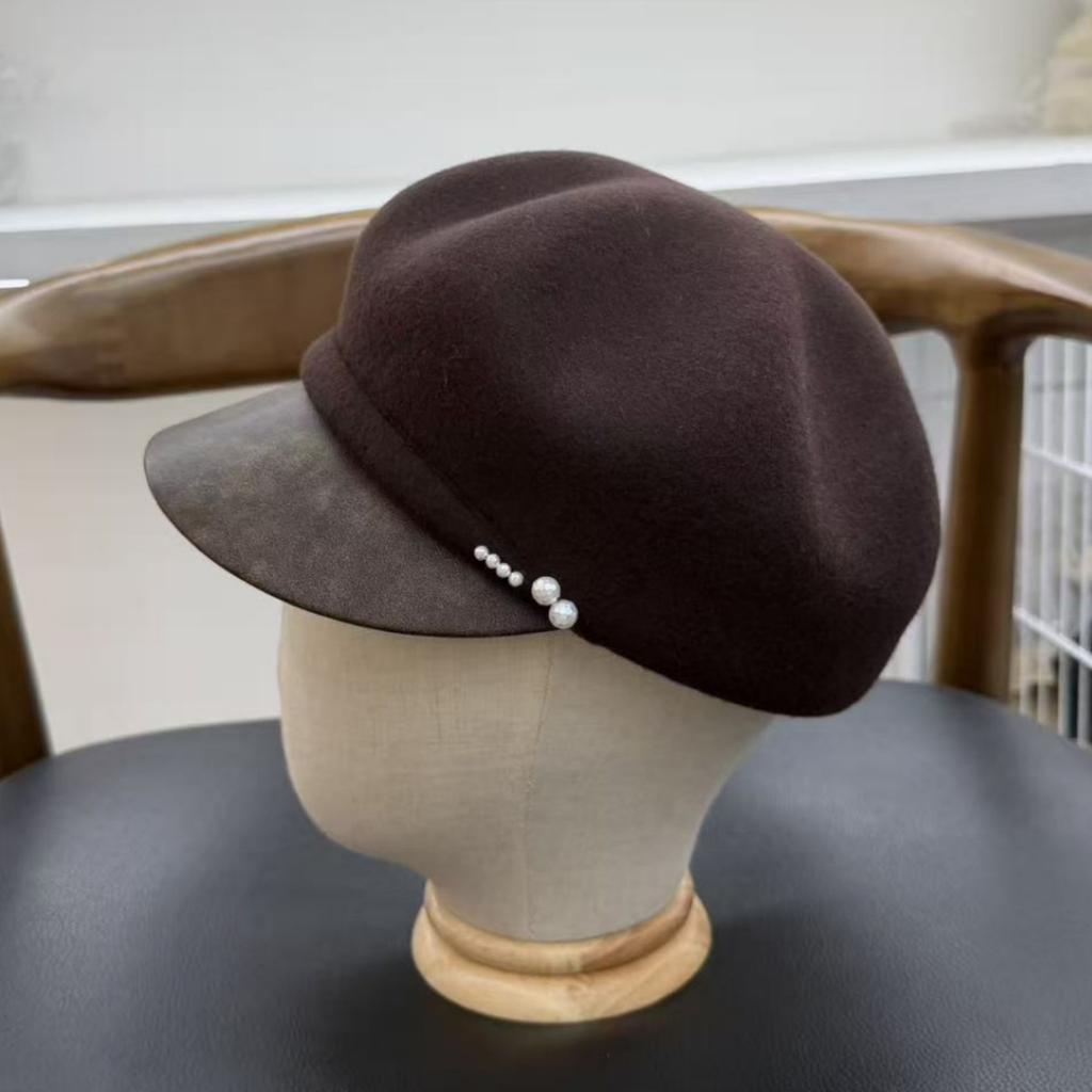 Autumn and Winter Pearl Wool Newsboy Hat Women's British Retro Leather Brimmed Octagonal Hat Shows Small Temperament Bere Cap