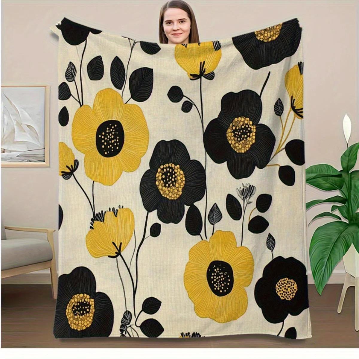 

pc Vintage Floral Throw Blanket Soft Flannel AllSeason Couch Bedspread Yellow Black Floral Pattern Lightweight Machine Wash 40x50inch 101x127cm