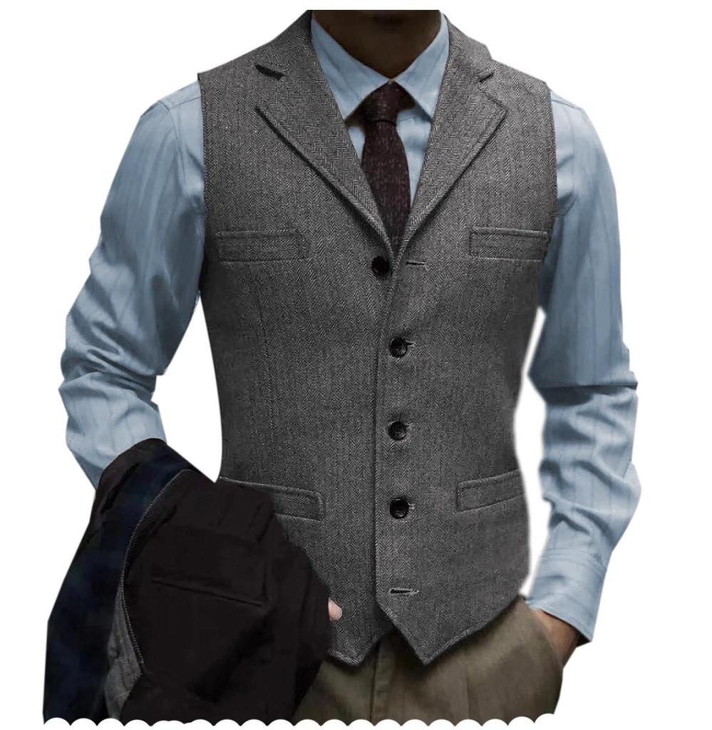 Herren Slim Fit Fischgrät Einreiher Freizeitweste
