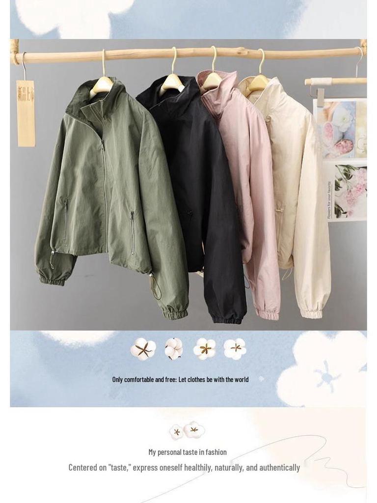 Women's High Collar Spring & Autumn Windbreaker: Lightweight, Solid Color, Short Cardigan - Fashionable Belly-Covering Jacket for 2025.