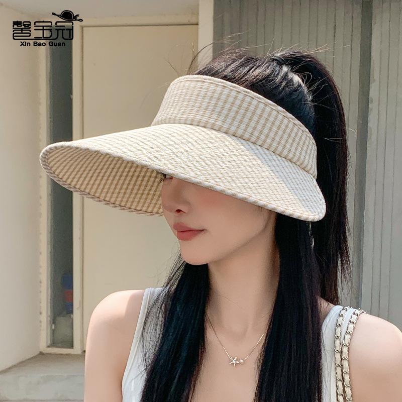 Summer sunscreen hat women's outdoor fresh plaid sun hat streamer bow large brim empty top hat