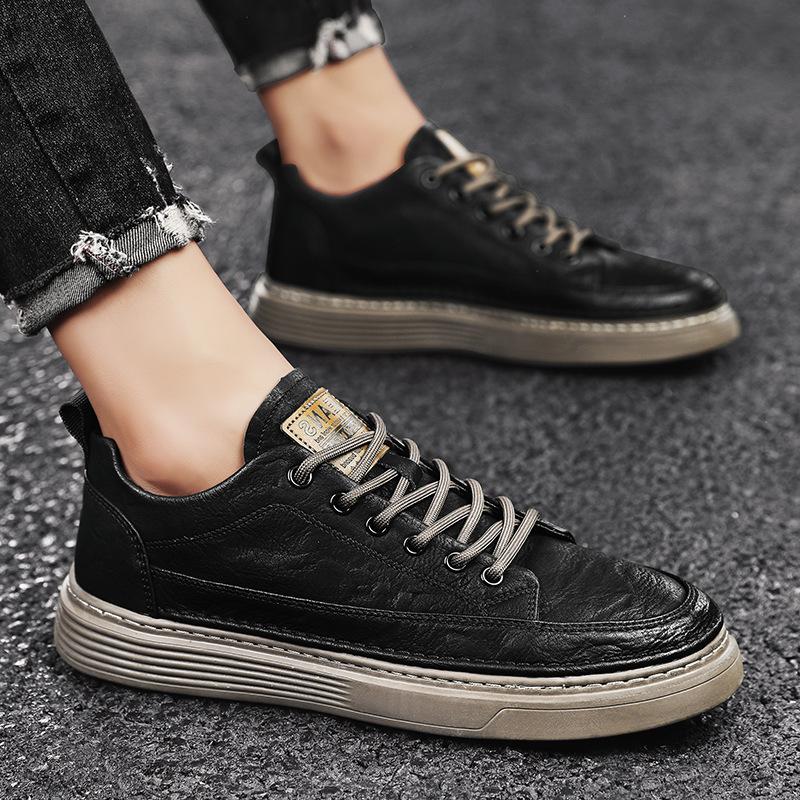 Four Seasons Versatile Casual Board Shoes Men's Low-top Leather Casual Shoes Black Lace-up Retro Daily Workwear Men's Shoes Autumn and Winter