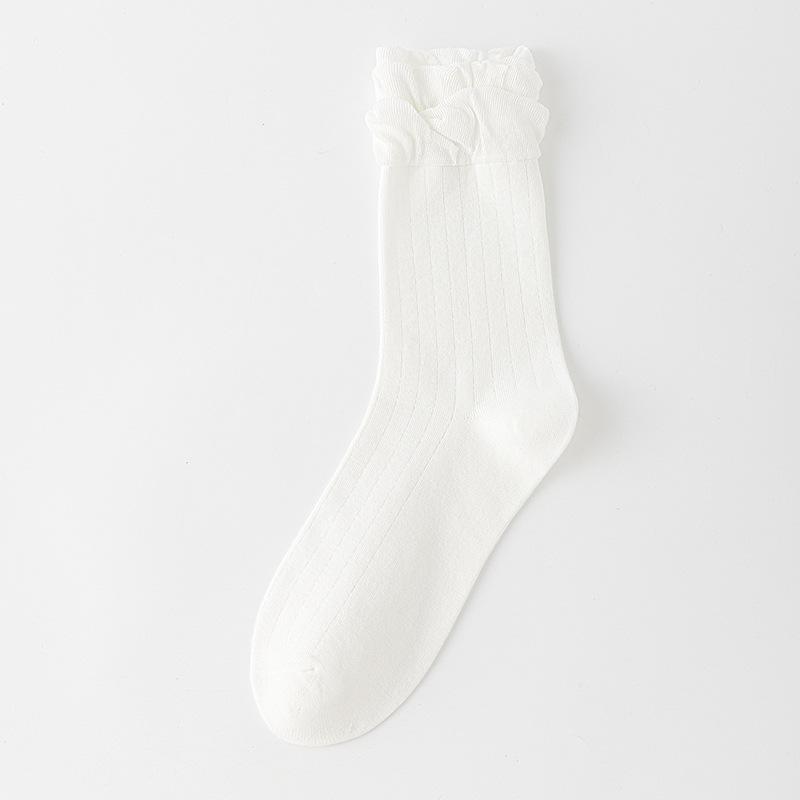 Female Spring and Autumn Pure Color Sweet with Three Lace in The Tube Pile Pile Cotton Socks