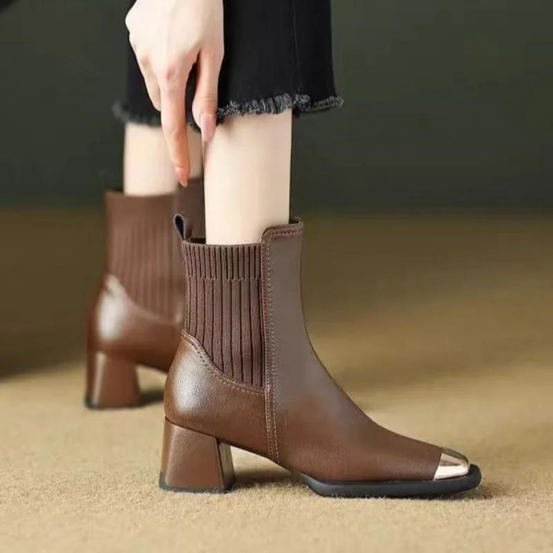 Half High Boots for Women Autumn Leather Winter 2025 Trend Mid Calf Shoes Woman Comfortable and Elegant Gyaru Footwear Goth Hot