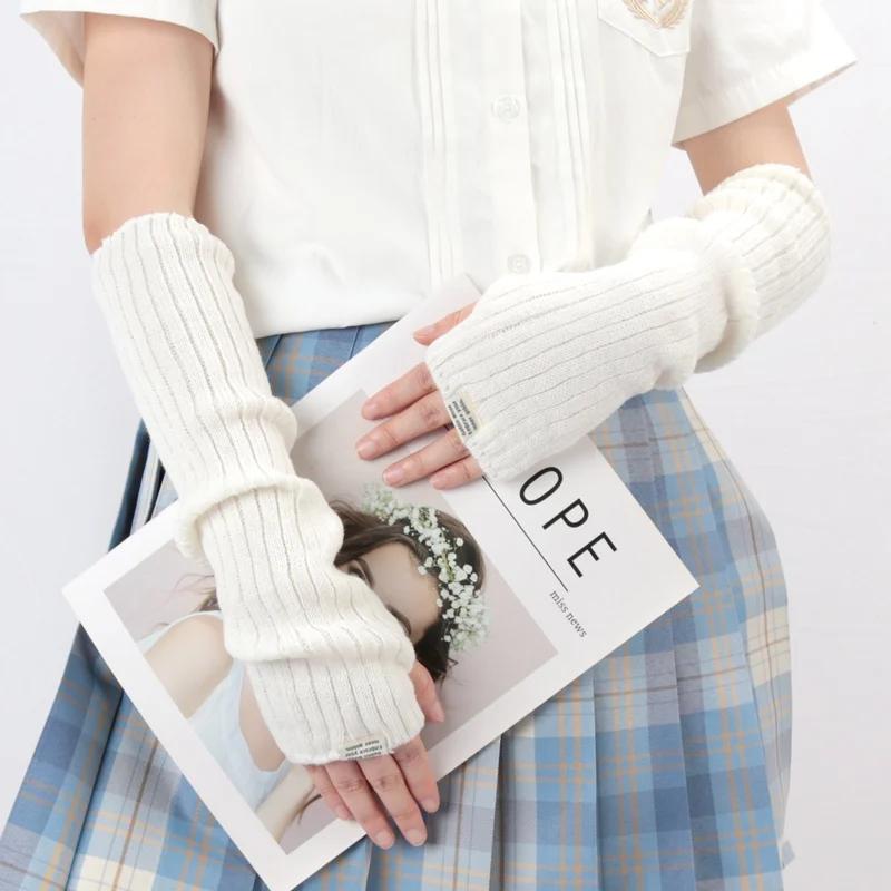 Women Fashion Fingerless Mittens White Black Cosplay Anime Gloves Winter Arm Warmers Gothic Harajuku Knit Mitten Arm Sleeves