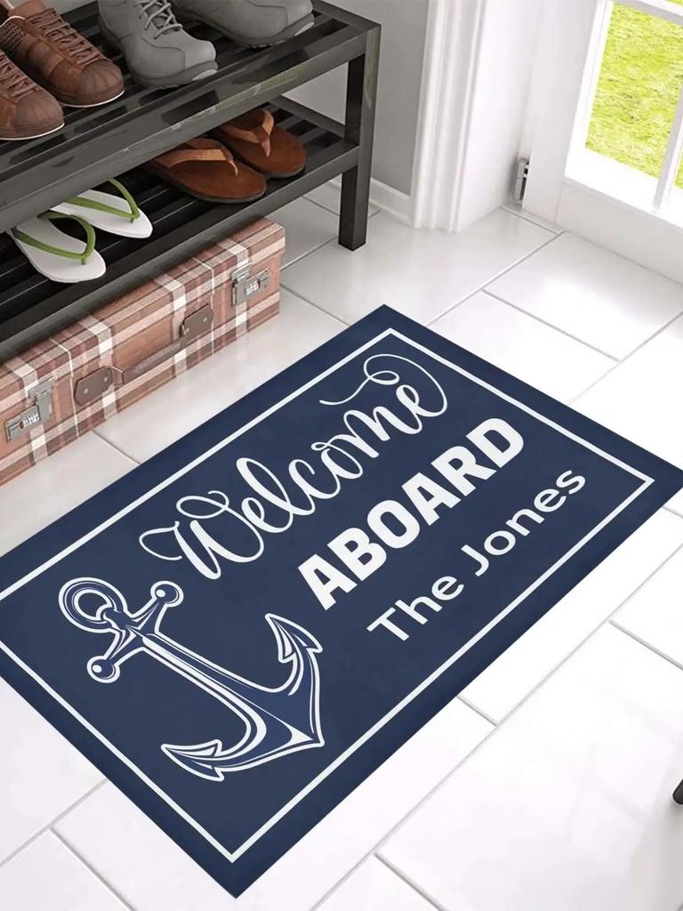 Welcome Aboard Anchor Doormat Rubber Backing Personalized Boat Name Porch Floor Door Mat Ship Decor Decorative Rug