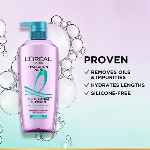 L’Oréal Paris Hyaluron Pure 72H Purifying Shampoo | For Oily Scalp & Dry Hair with Salicylic and Hyaluronic Acid | 800 Ml