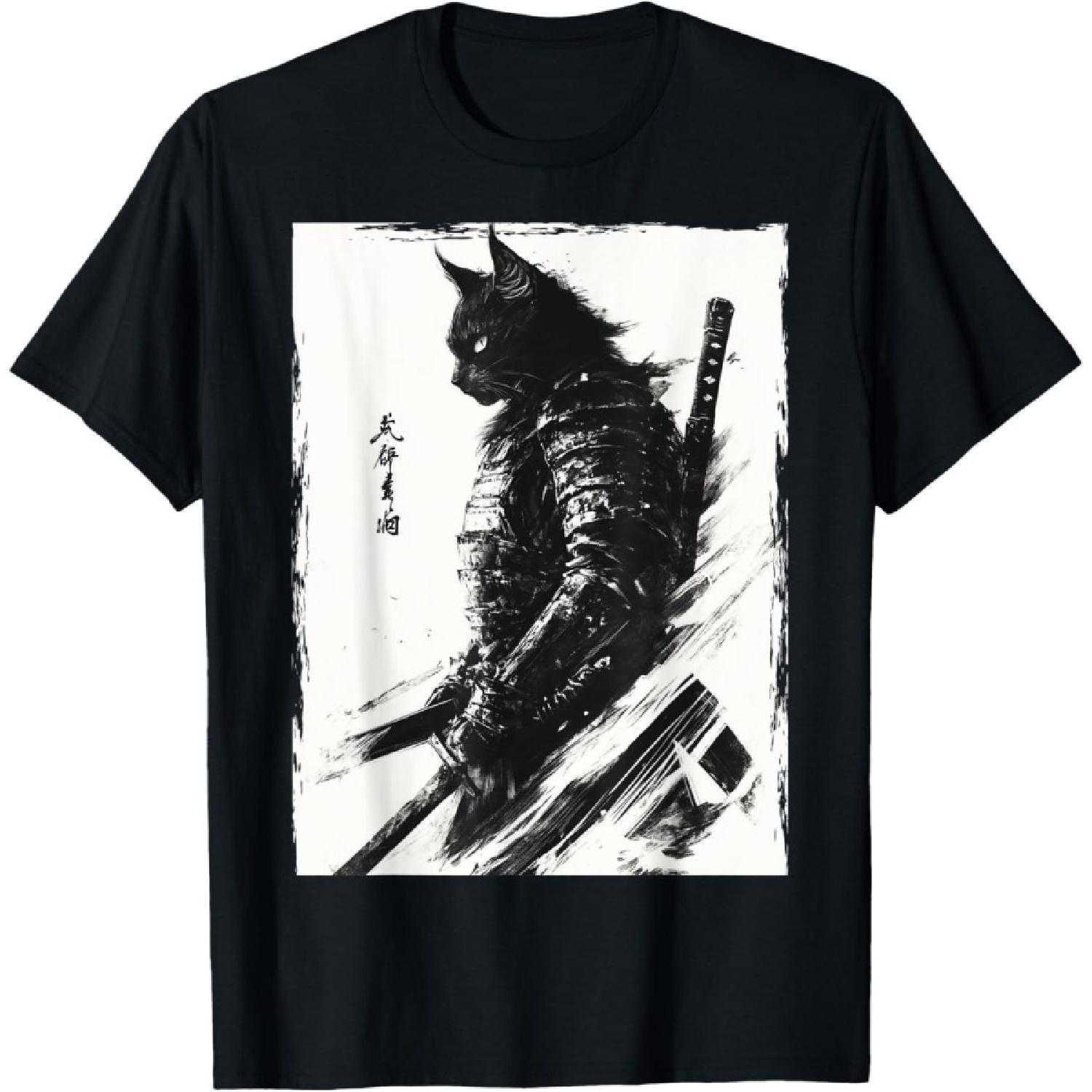 Samurai Warrior Cat Graphic Tee Vintage Japanese Art Anime T-Shirt S