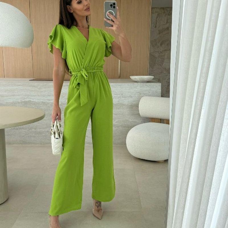

Летняя новинка Мода Ветер Мода V-образный вырез Однотонный Зауженный на талии Элегантный Прямые Свободные Брюки Рюши Комбинезон с короткими рукавами Green S