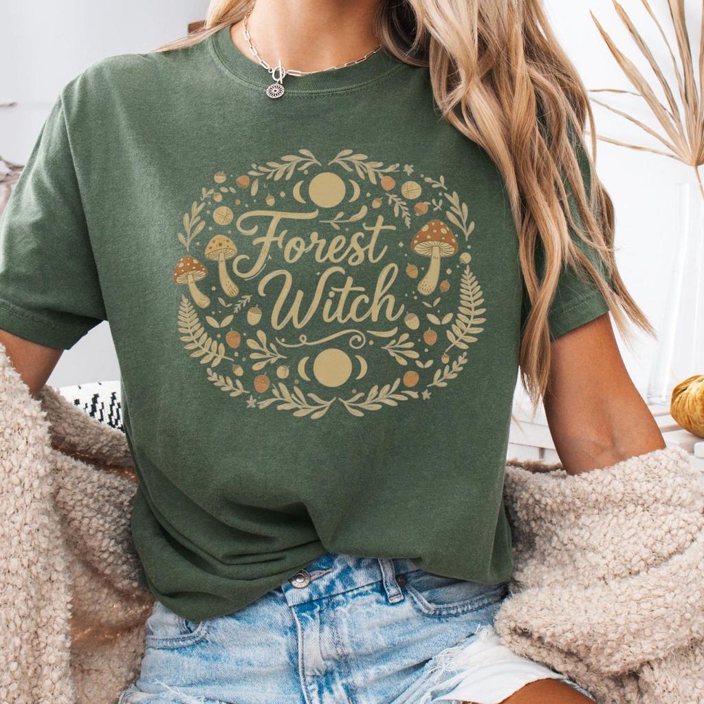 Forest Witch Shirt, Witchy T Shirt for Women, Green Witch Top, Pagan Moon Phases Tee, Cottagecore Wicca Gift, Halloween Witch Shirt