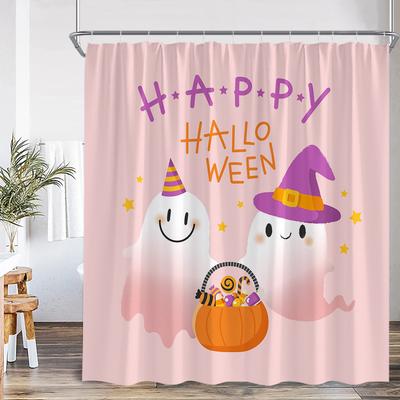Cartoon Ghost Halloween Shower Curtain Ghost Bat Spider Web Wizard Hat Bathroom Decor Happy Halloween Kid Bath Curtain with Hook